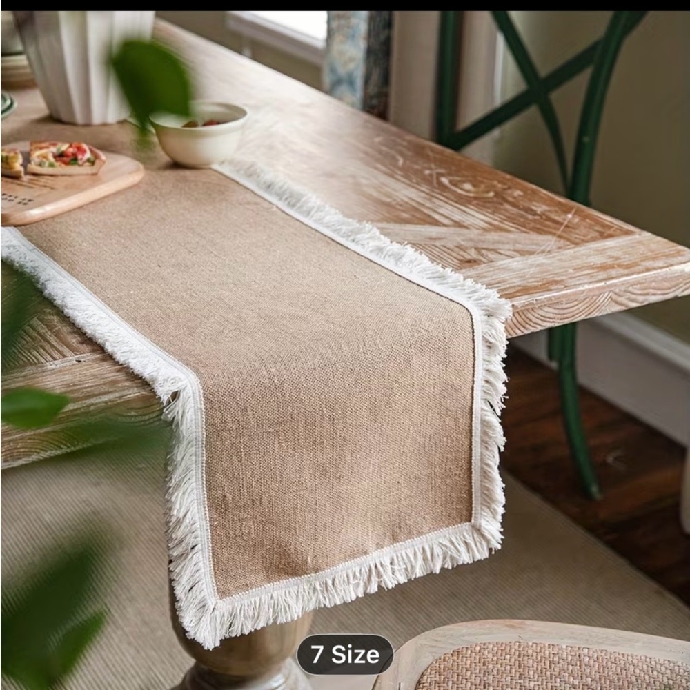 Neutral Fringe Linen Table Runner - Beige